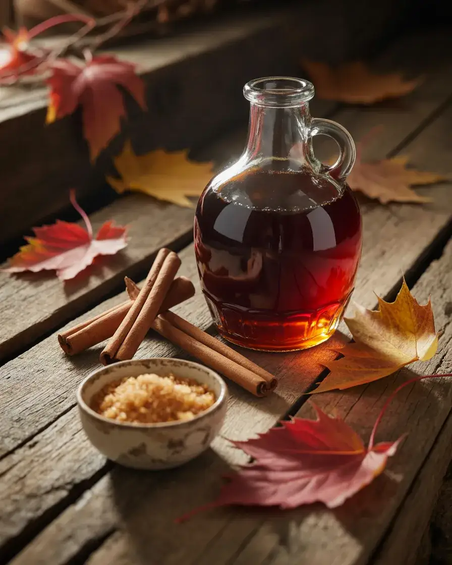 Dark robust maple syrup bottle surrounded by cinnamon sticks and autumn maple leaves